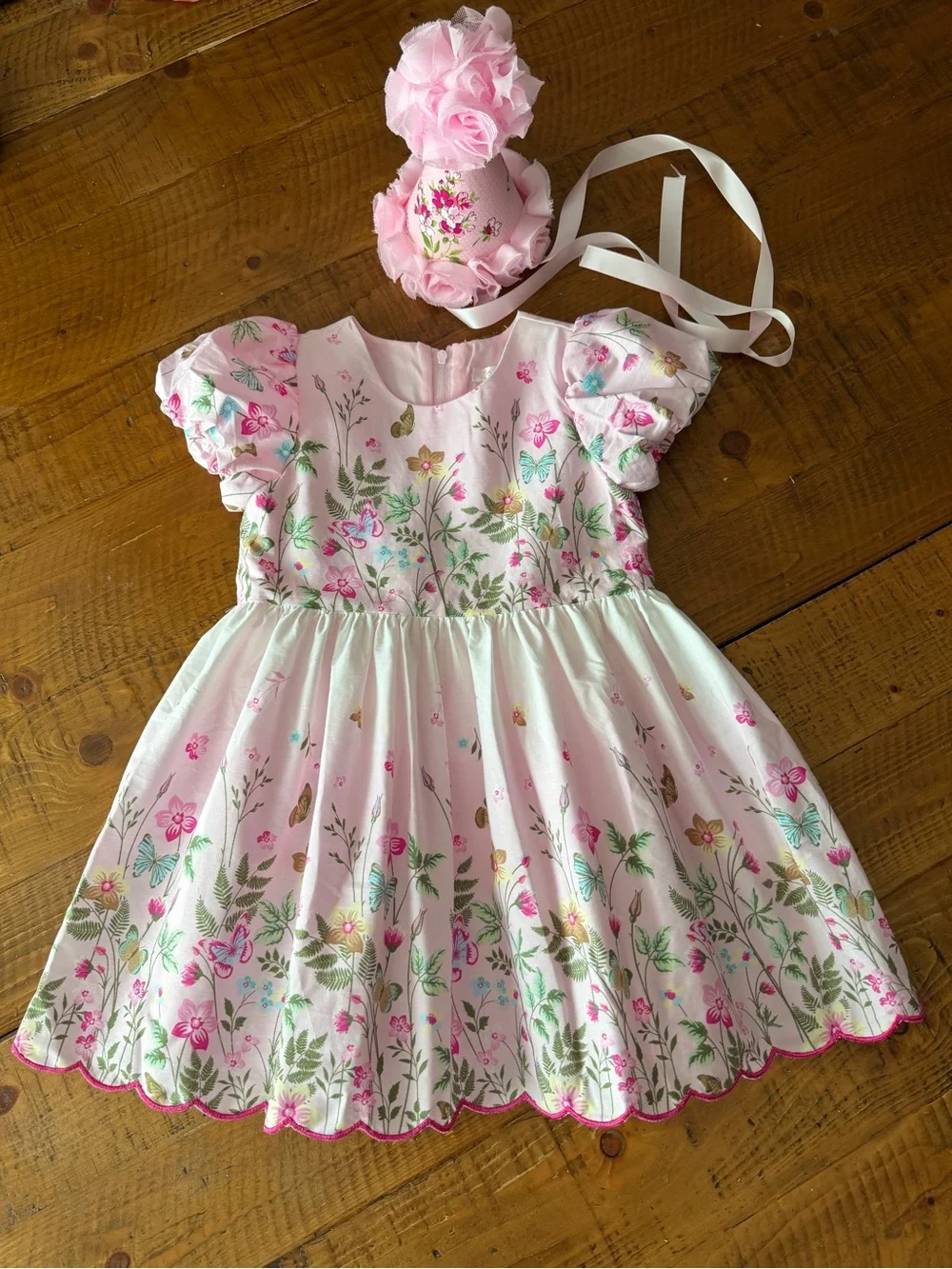 Floral/butterfly girls birthday dress and hat